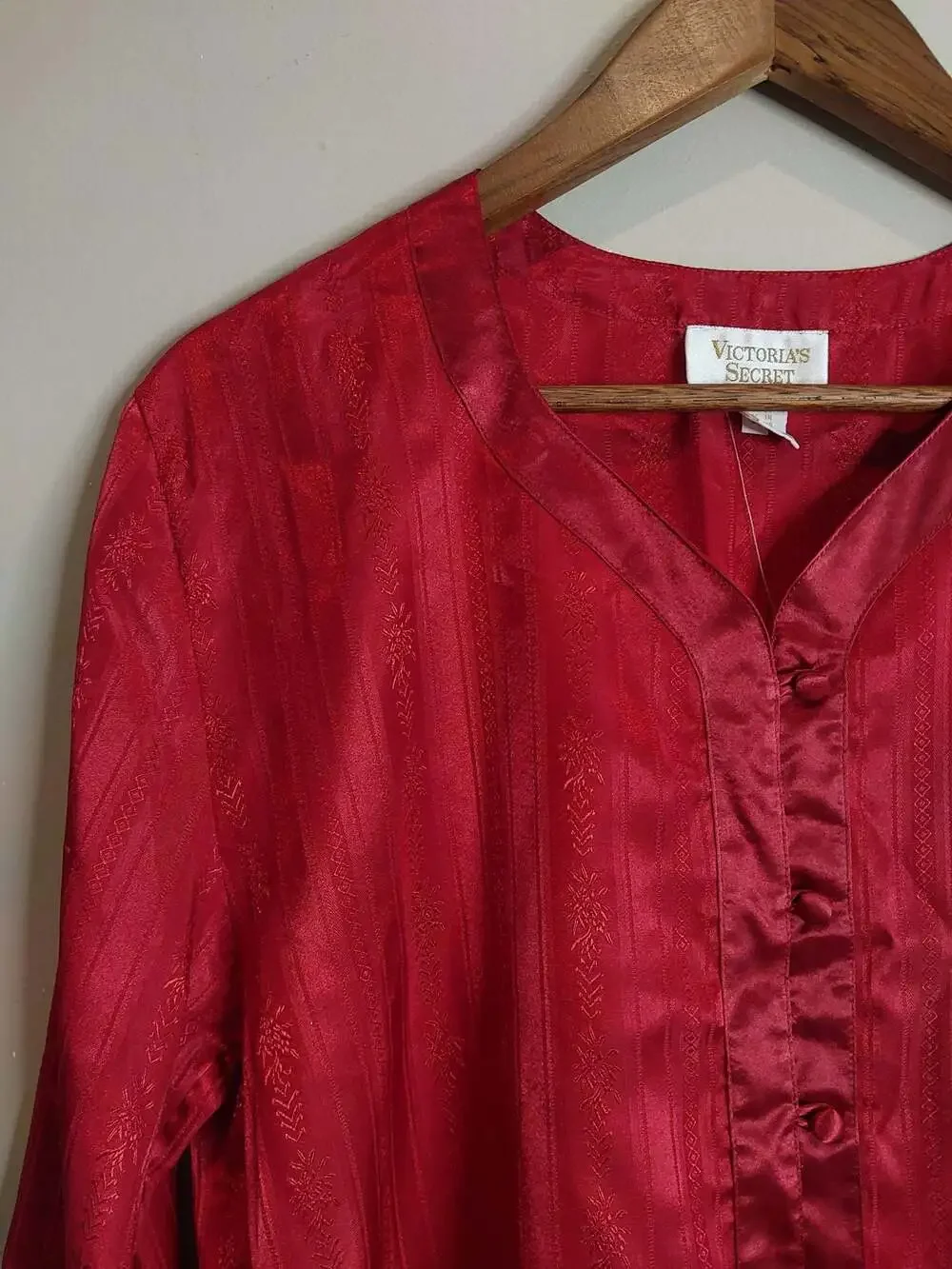 Vintage Victoria's Secret Gold Label Button Front Satin Red Brocade Sleep Shirt